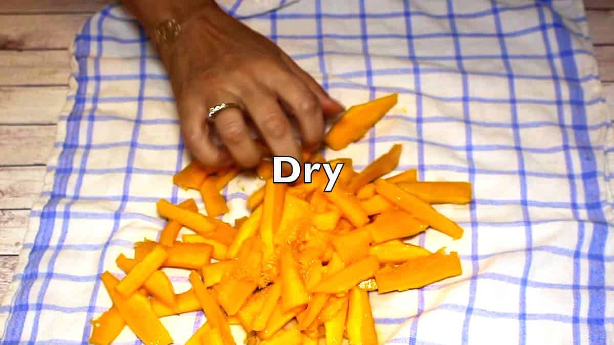 Keto Pumpkin Fries getting fully dry before baking