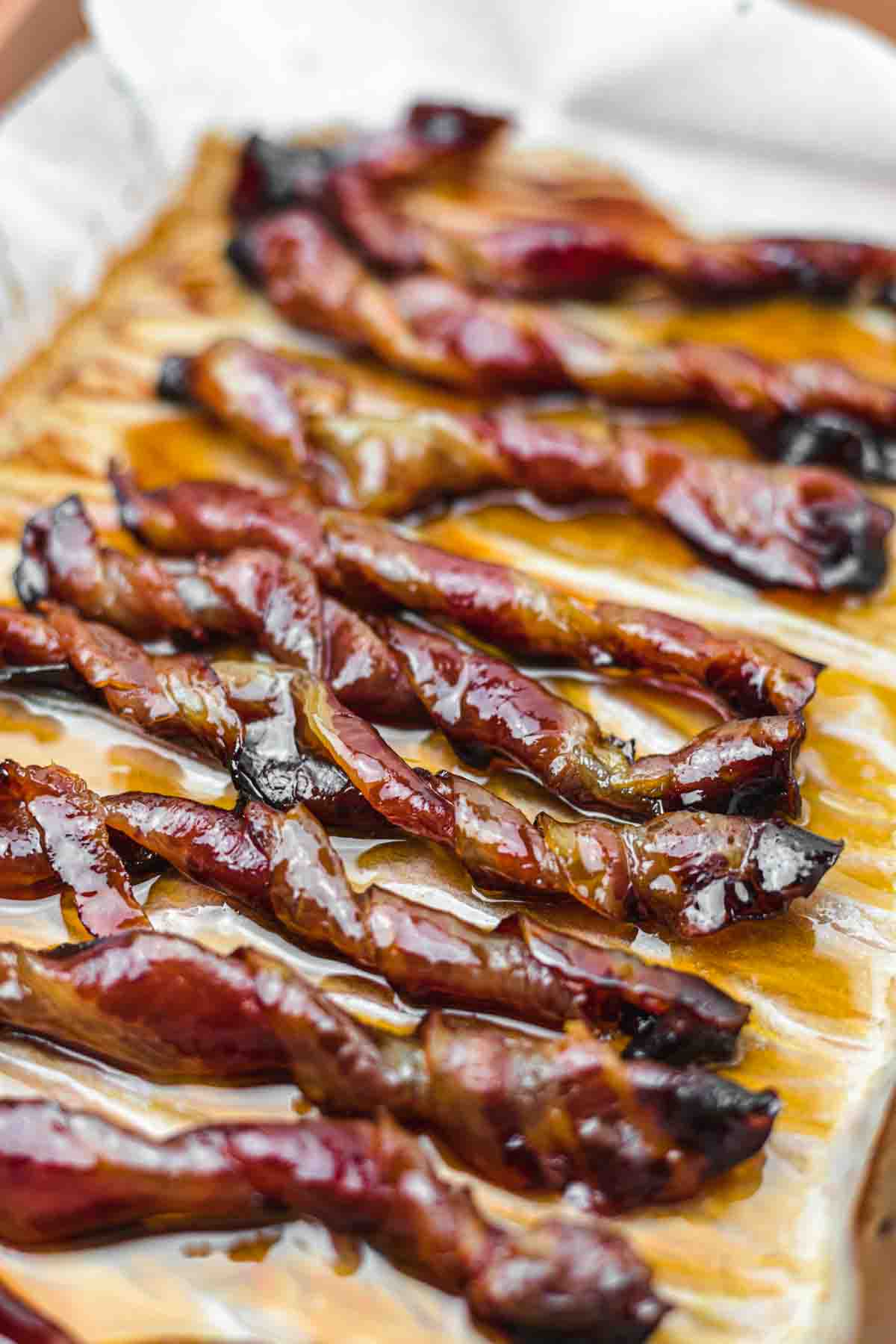 Candied bacon recipe on the baking sheet