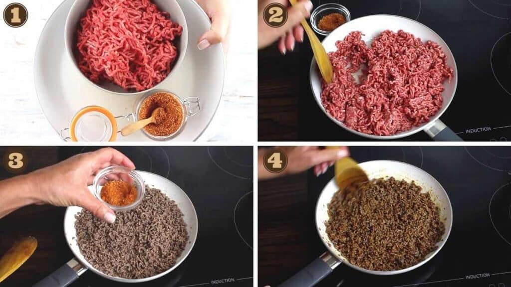 Ground Beef Keto Tacos browning the meat
