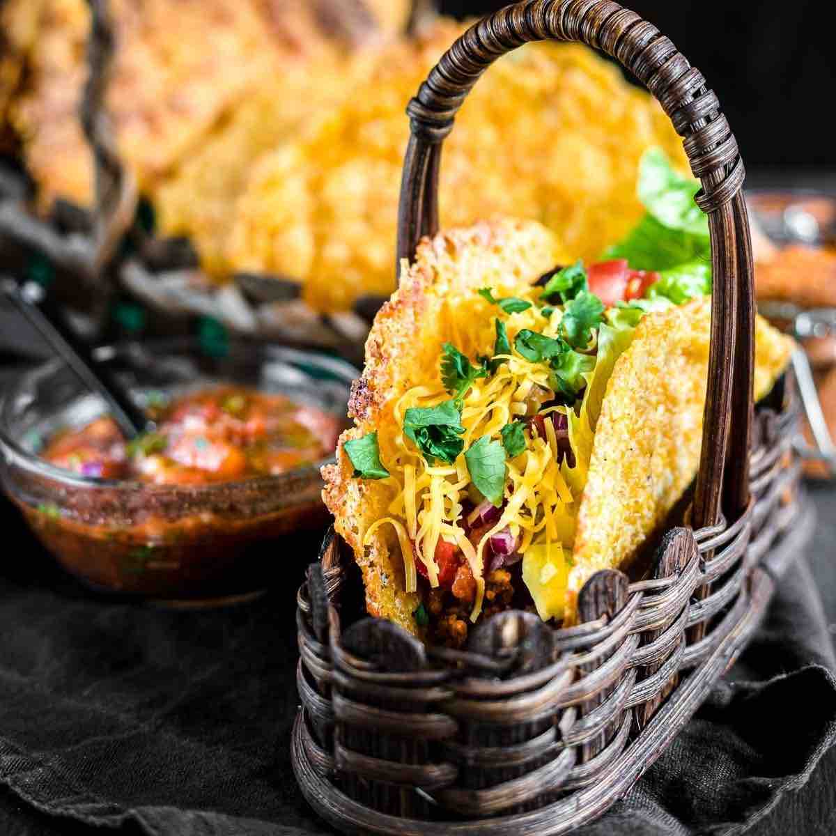Homemade Keto Tacos in a brown basket
