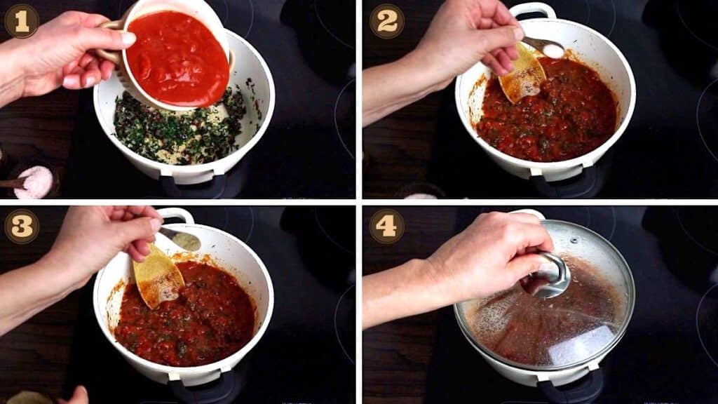 Keto Pasta with Marinara Sauce cooking in a pot