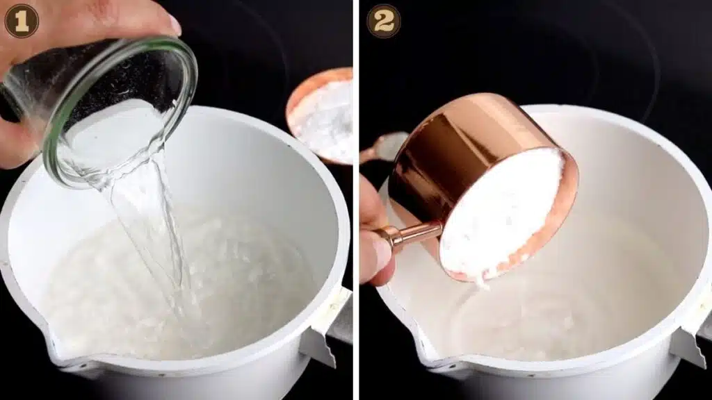 Sugar Free Syrup adding water and sweetener into a cooking pot
