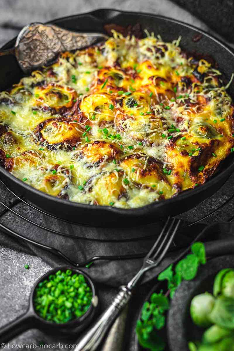 Keto Brussel Sprouts Casserole made in a cast iron