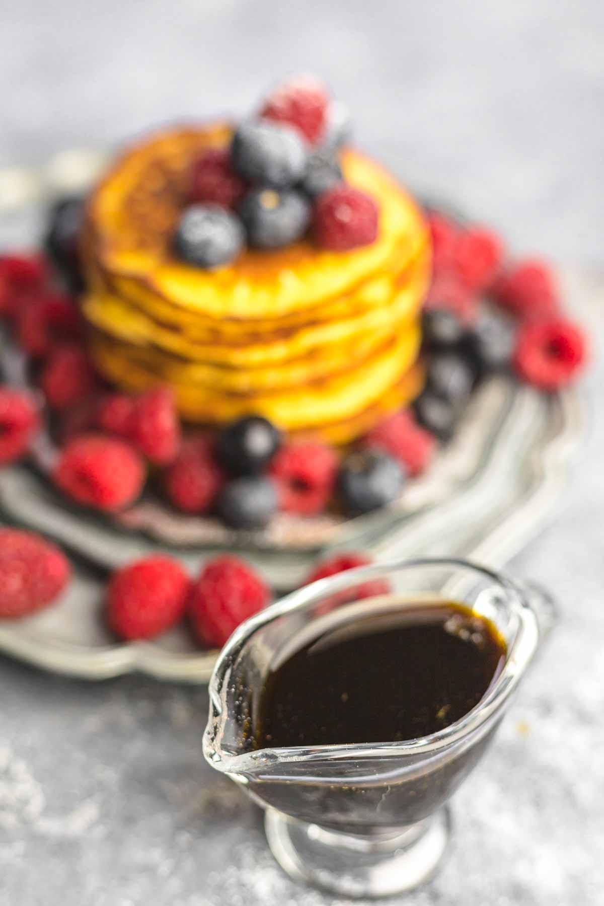 Sugar Free Maple Syrup Recipe with pancakes on a plate