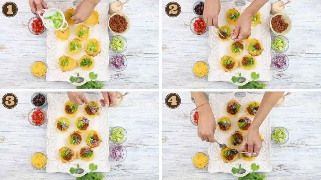 Keto Cheese Taco Cups adding fresh veggies into the cups