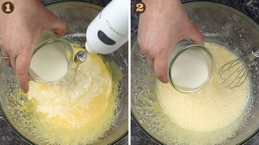 Easy Keto Eggnog Recipe whisking heavy cream and almond milk.