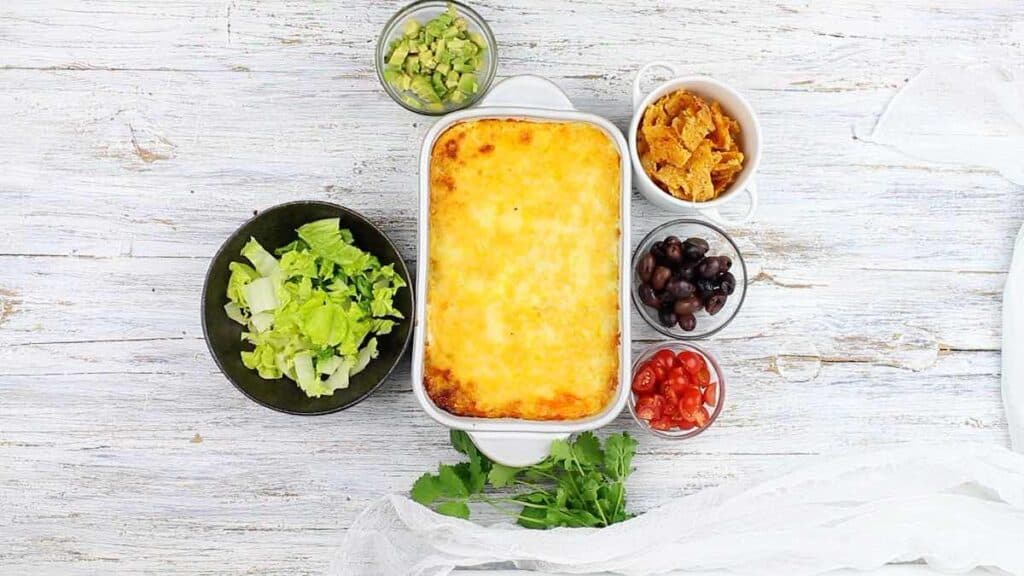 Taco Casserole Keto baked with cheese and ready to garnish.