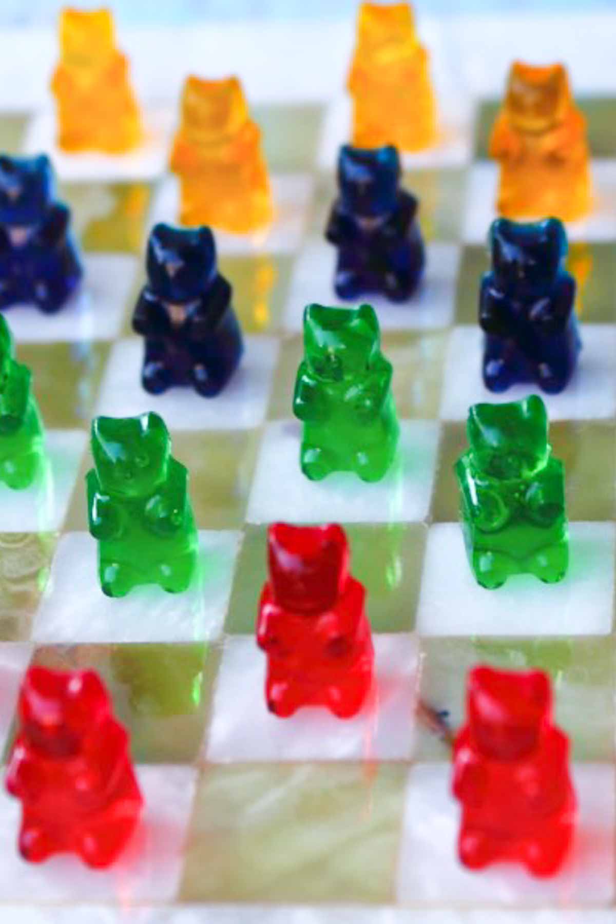 Sugar-Free Gummy Bears on a chess board.