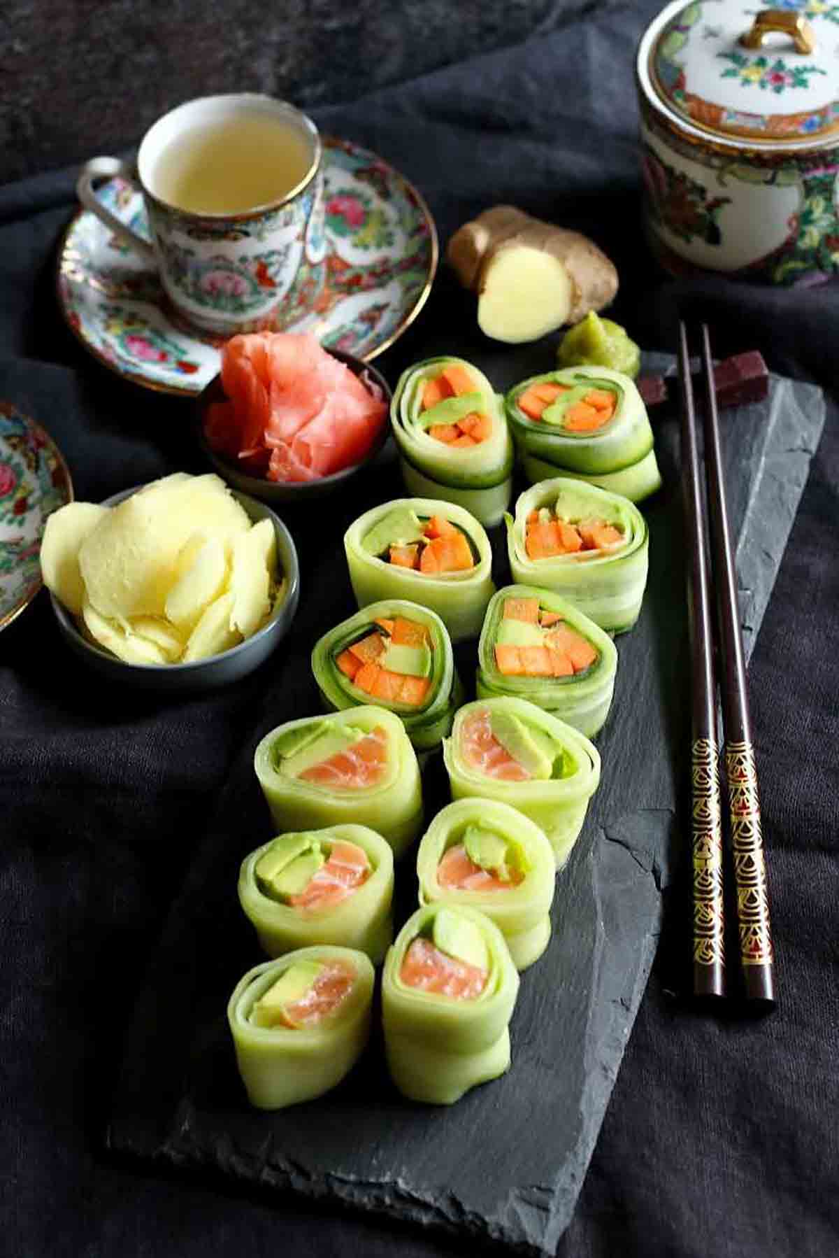 Naruto Cucumber Rolls on a stone plate.