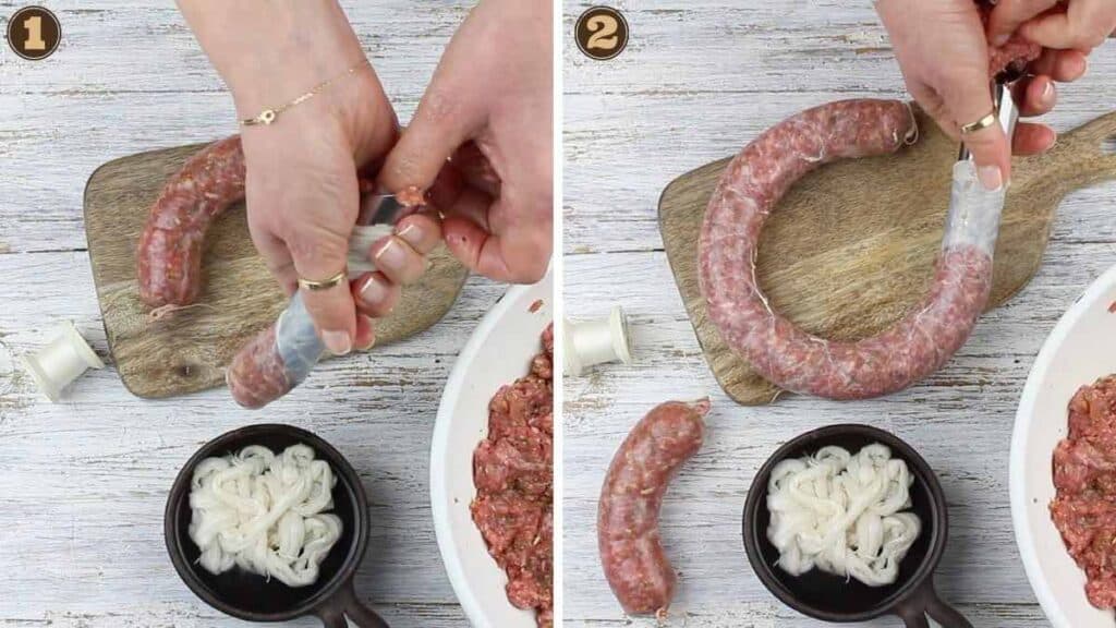 Recipe for Homemade Sausage filling the meat into casing.