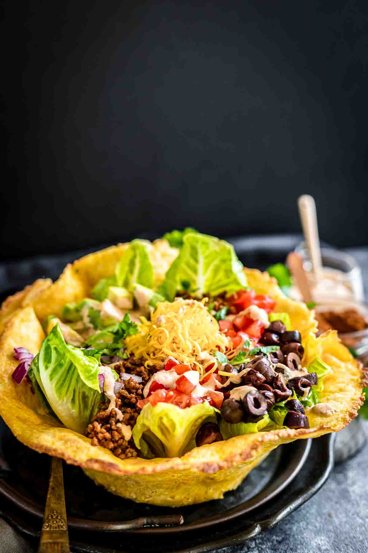 Keto Taco Salad Recipe in cheese bowl.