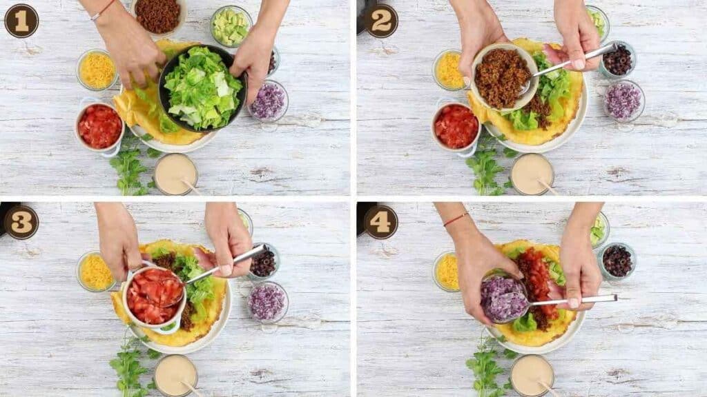Keto Taco Bowl adding meat and veggies into the bowl.