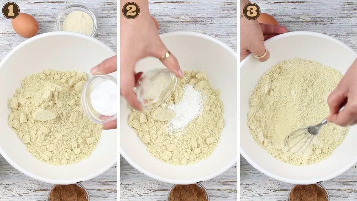 Recipe Almond Biscuits mixing dry ingredients.