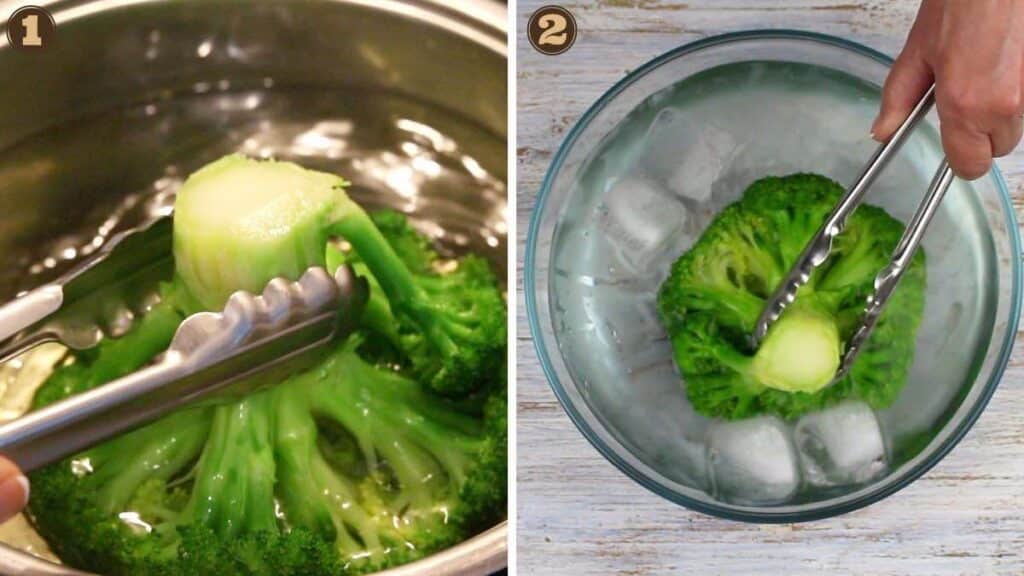 Broccoli & Bacon Salad cooking and shocking broccoli.