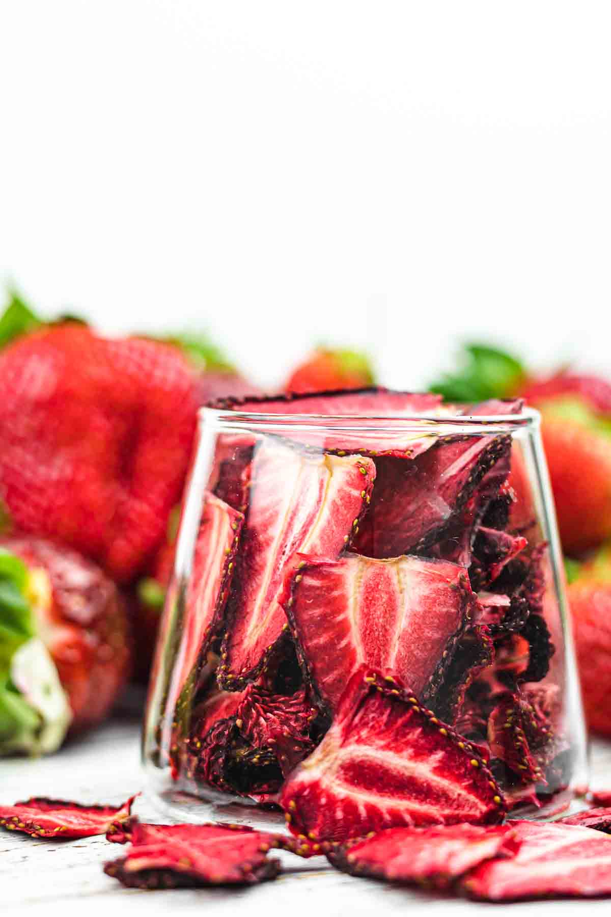 Dehydrated Strawberries in a glass.