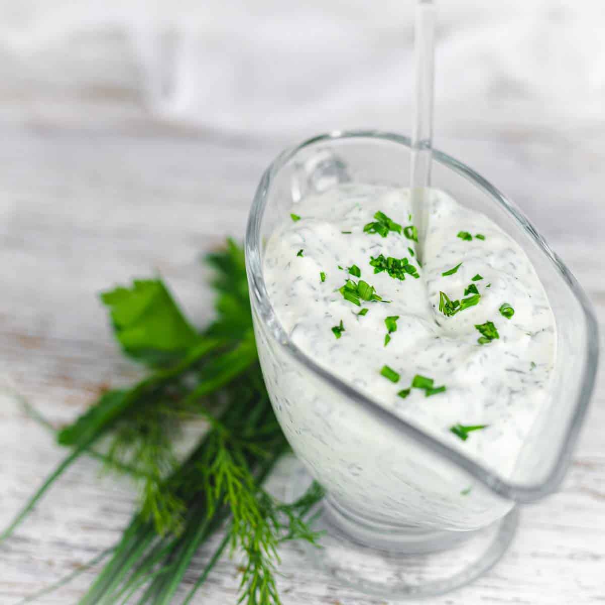 Low Carb Ranch Dressing in a glass jar.