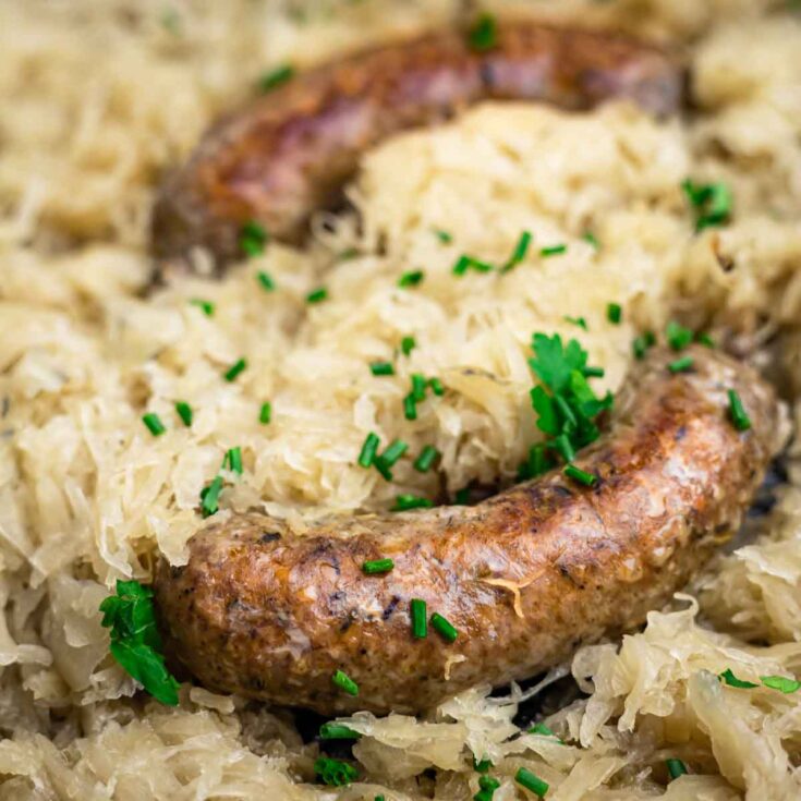 Baked Sausage and Sauerkraut ready to serve.