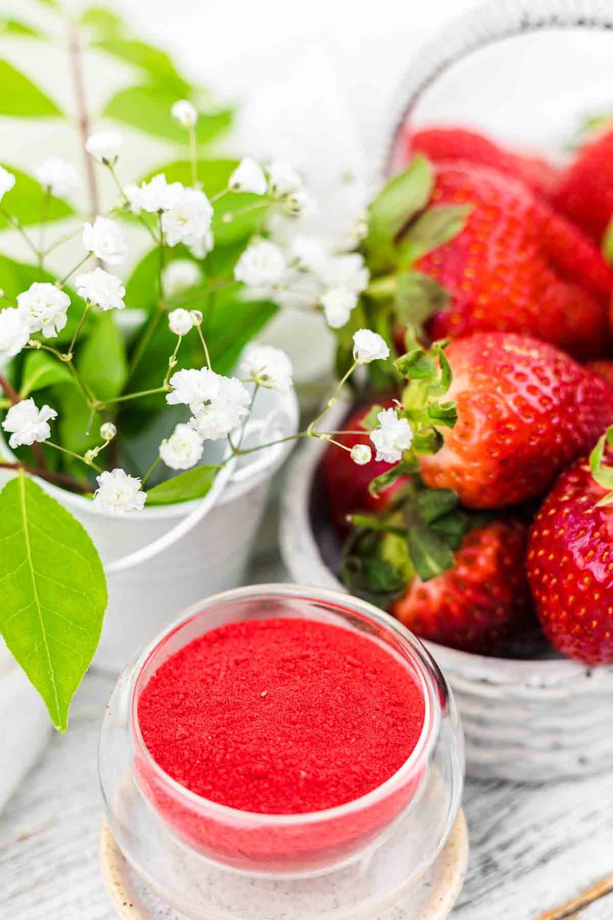 Strawberry Powder with fresh strawberries in the background.