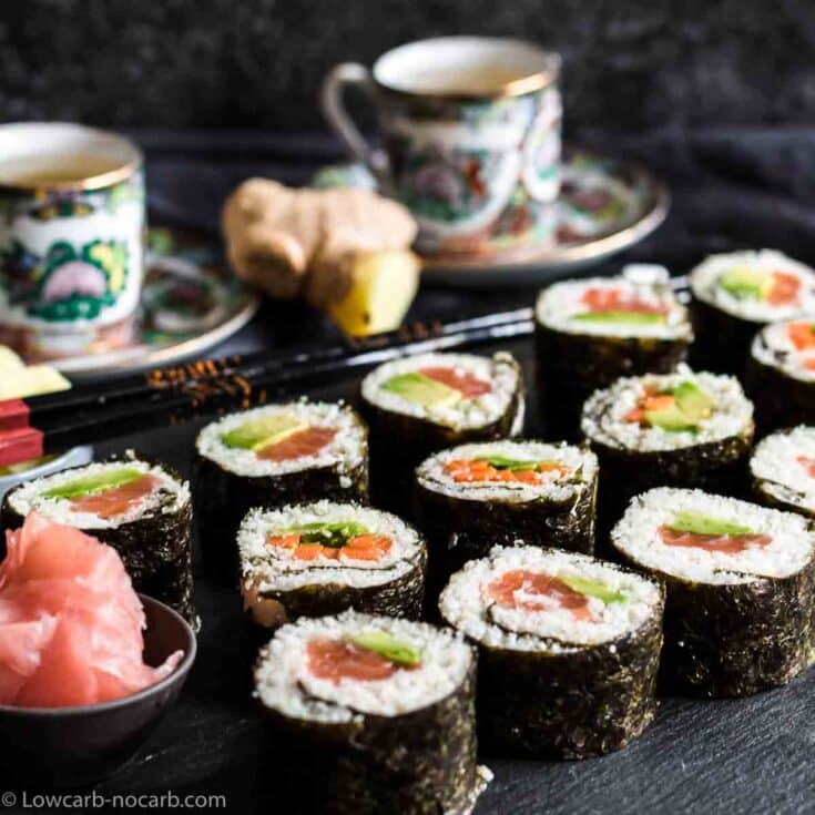 Low carb sushi placed on a stone plate.