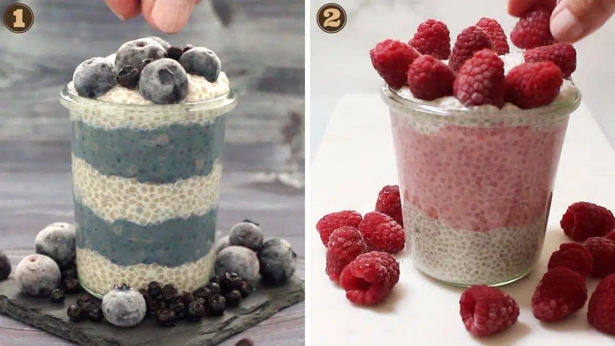 Decorating berry chia seed pudding.