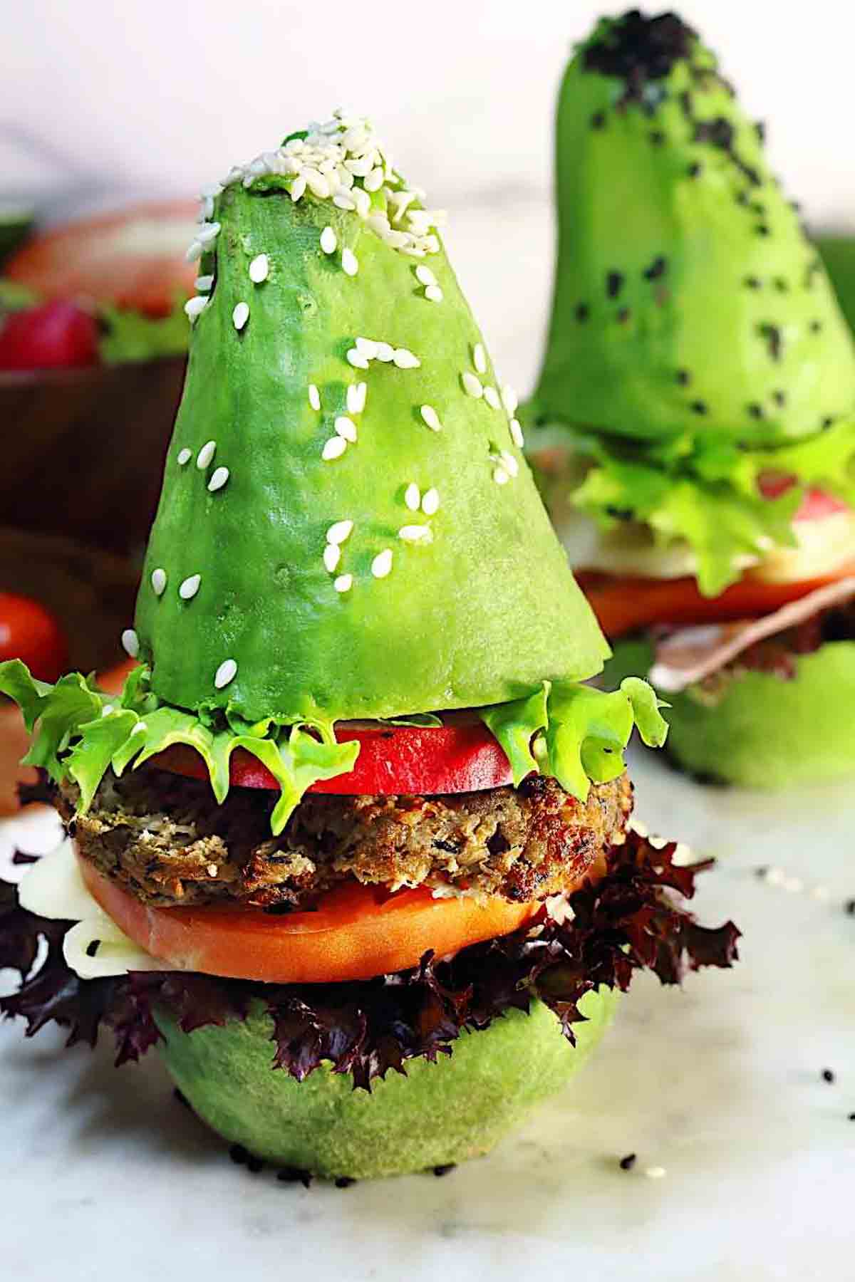 Burger buns made from avocado.