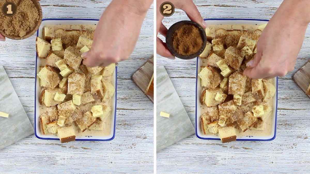 Keto French Toast Casserole sprinkling brown sweetener and cinnamon.