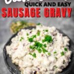 Sausage with Gravy inside a metal sauce bowl.