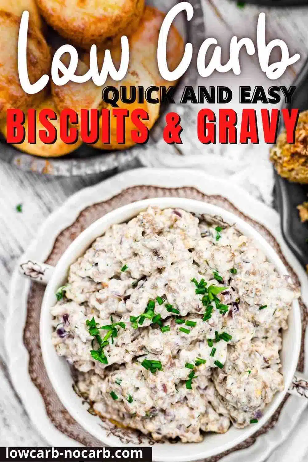 Biscuits and Gravy on a brown plate.