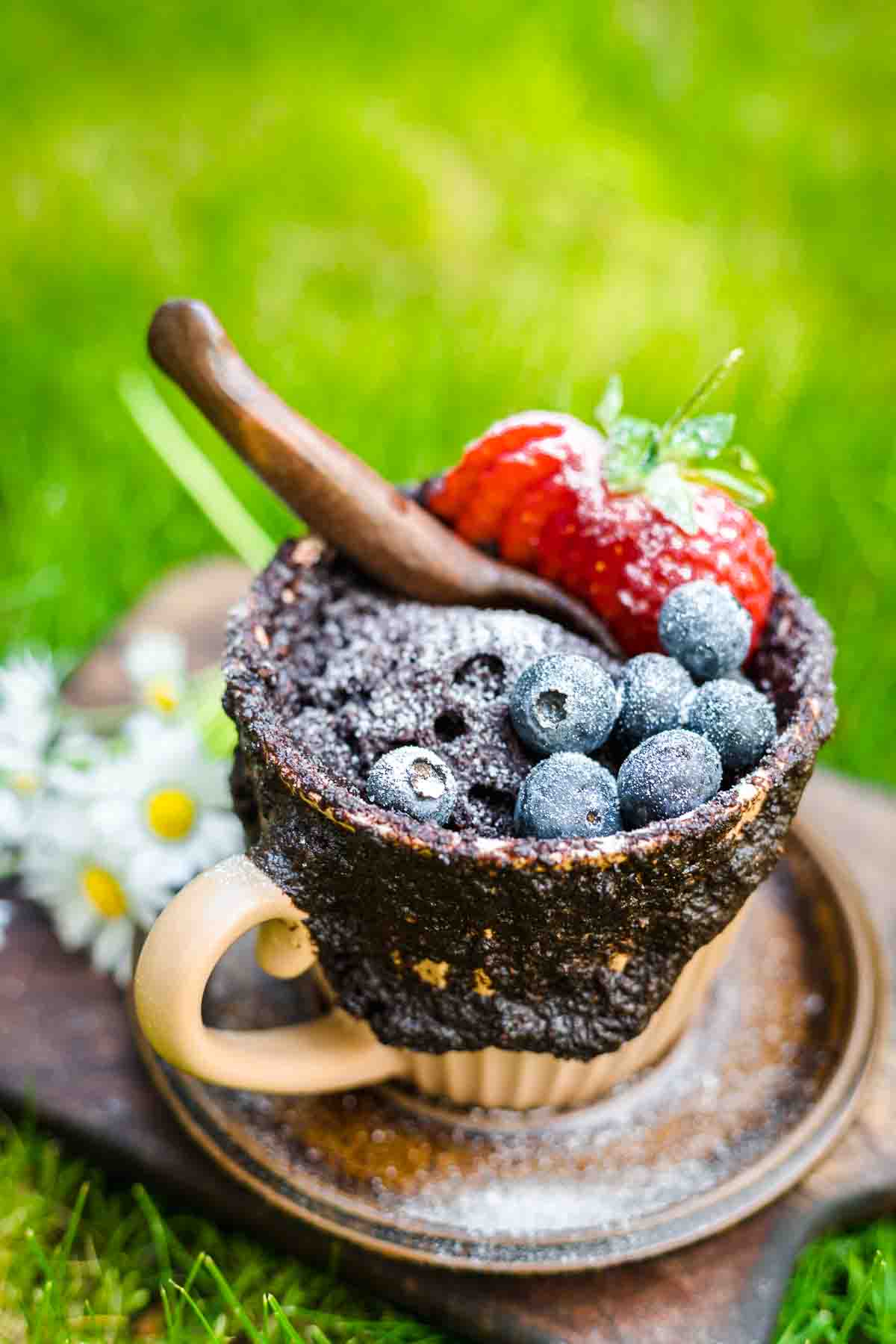 Low Carb Cake in a Mug on the grass.