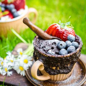 Chocolate Mug Cake Recipe placed on the grass.