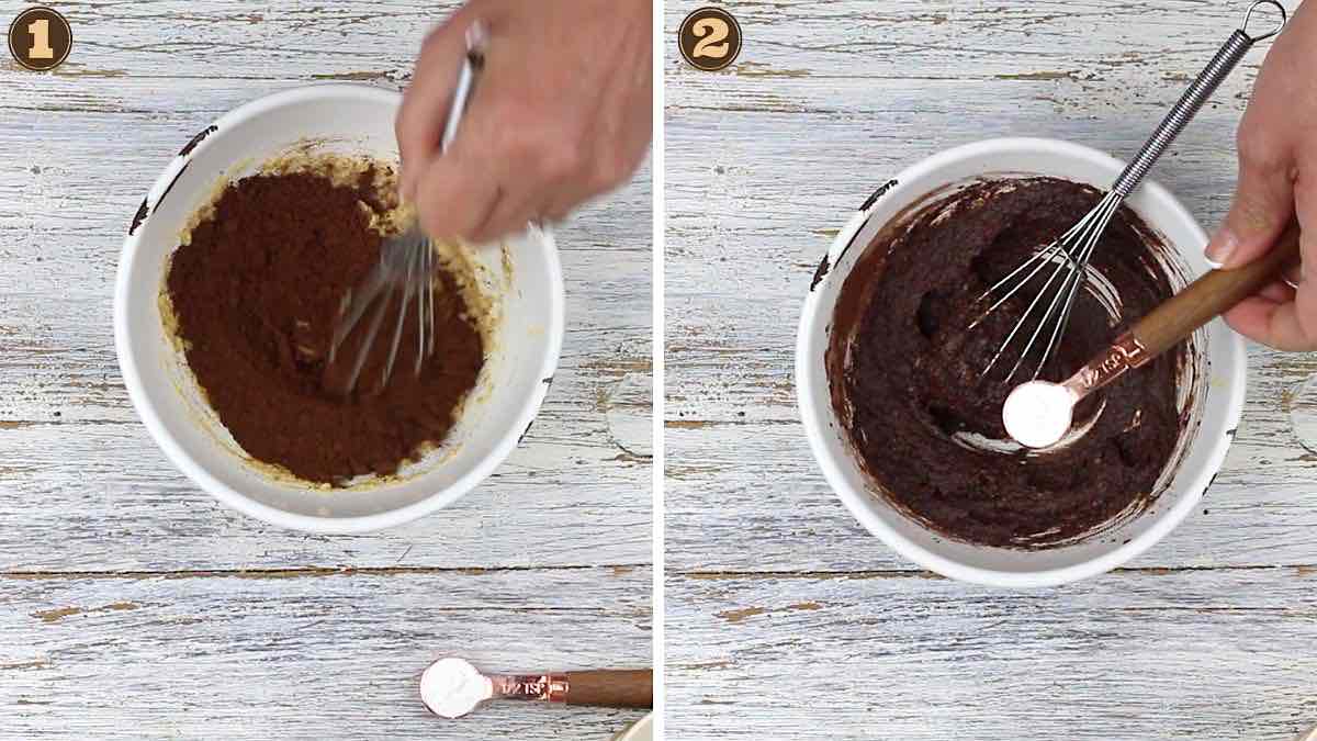 Keto Chocolate Cake in a Mug adding cocoa in.