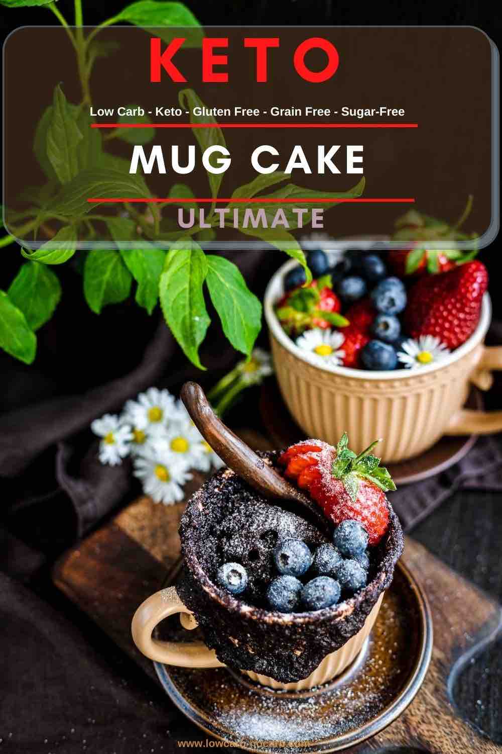 Keto Mug Cake with berries behind.