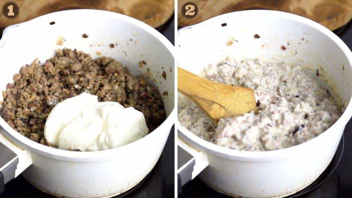 The Best Biscuits and Gravy Recipe adding sauce.