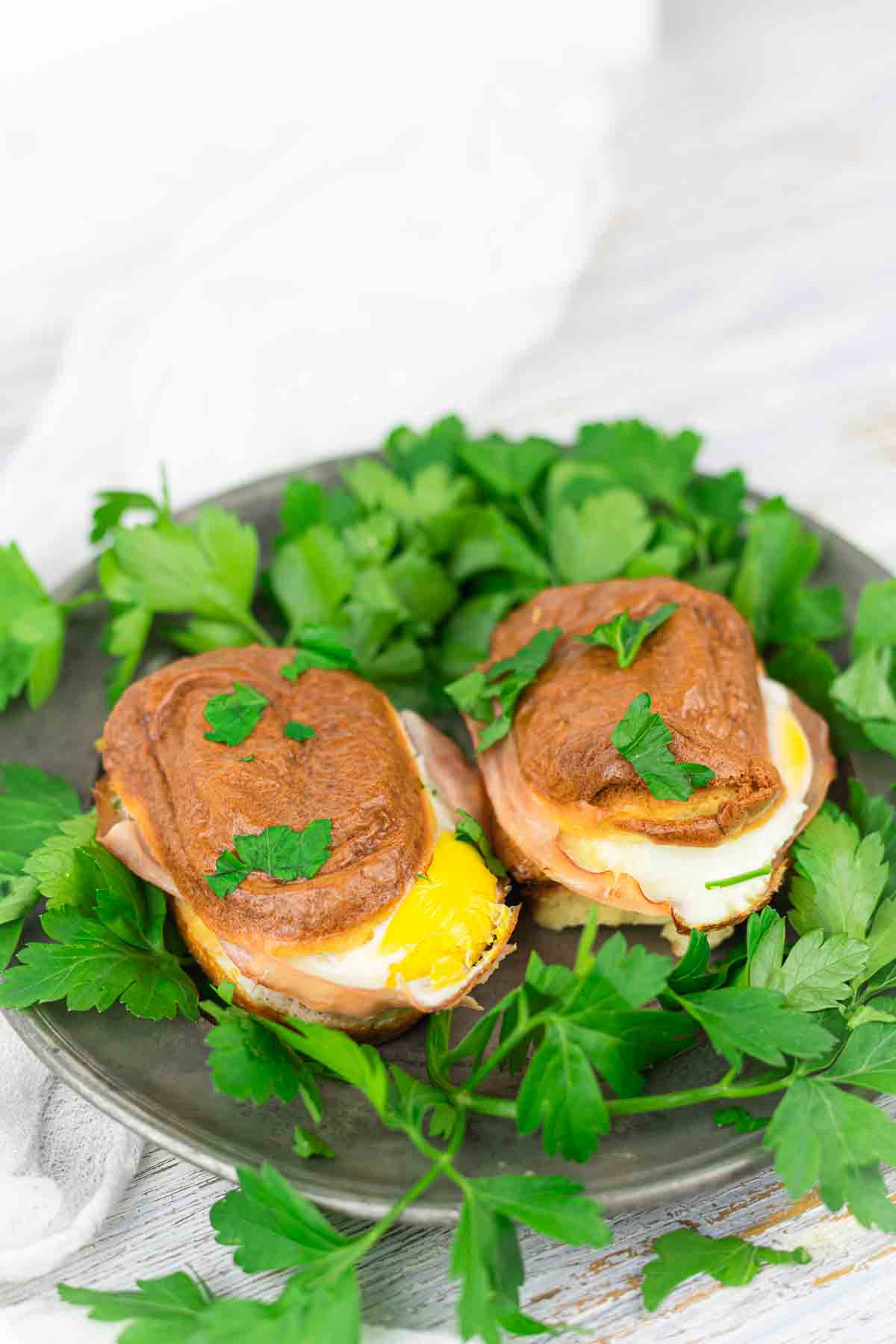 Ham and Egg Sandwich on a plate with parsley.