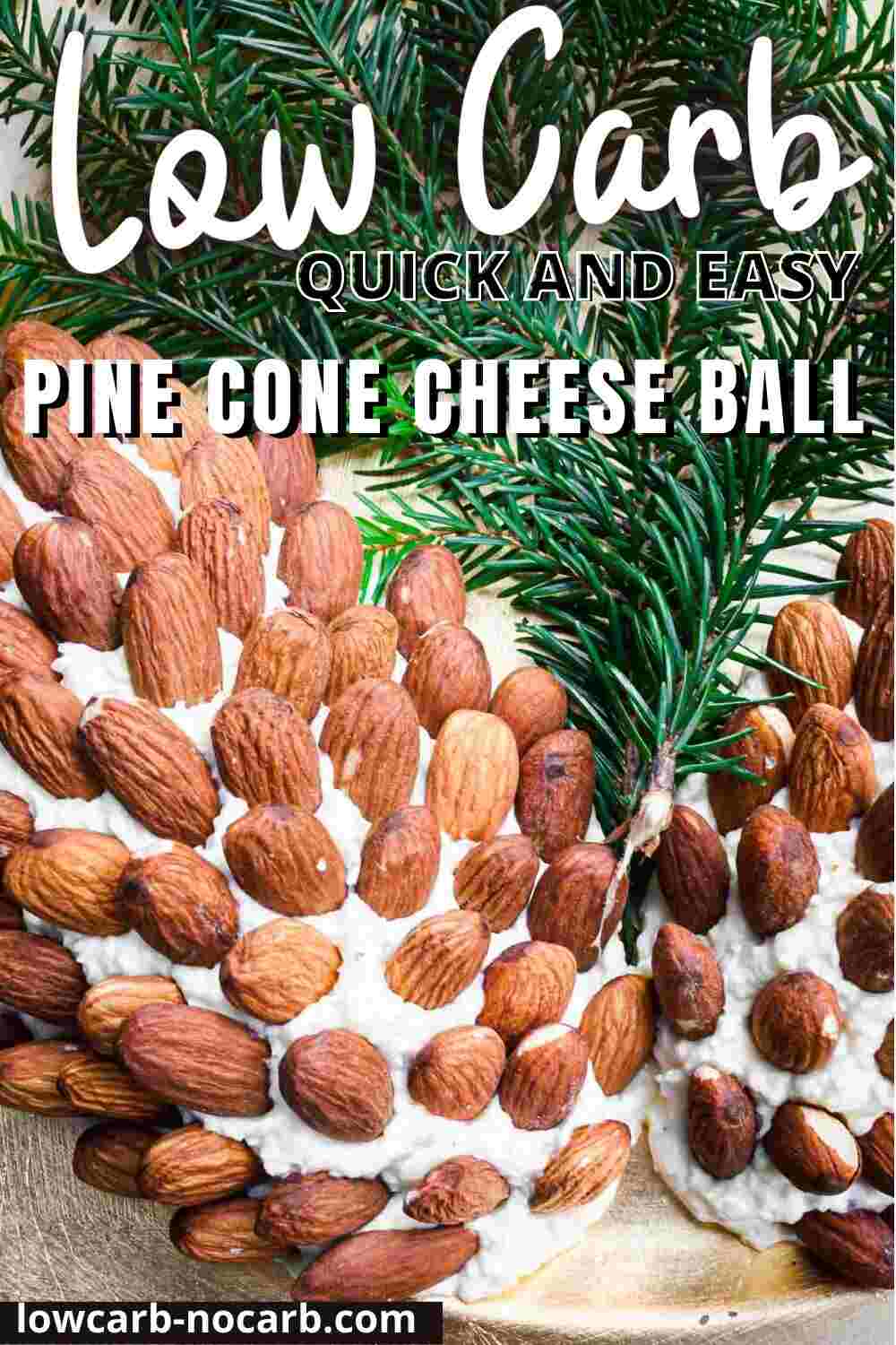 Pinecone Cheeseball with tree branches and almonds.