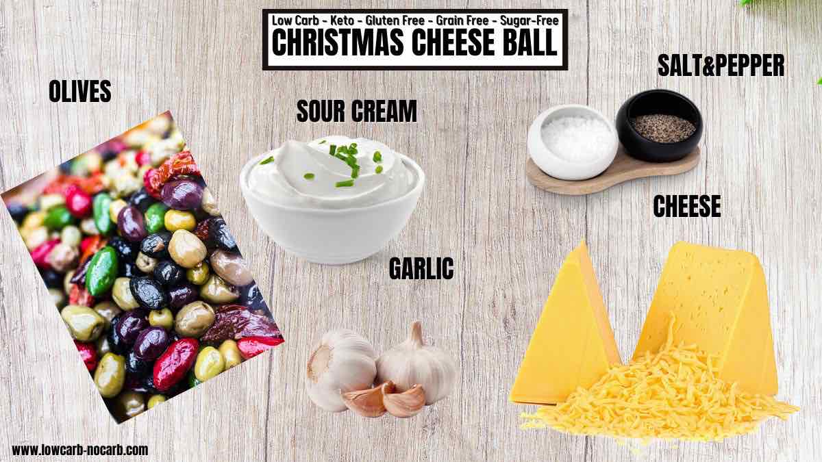 Holiday cheese ball festive recipe ingredients needed.