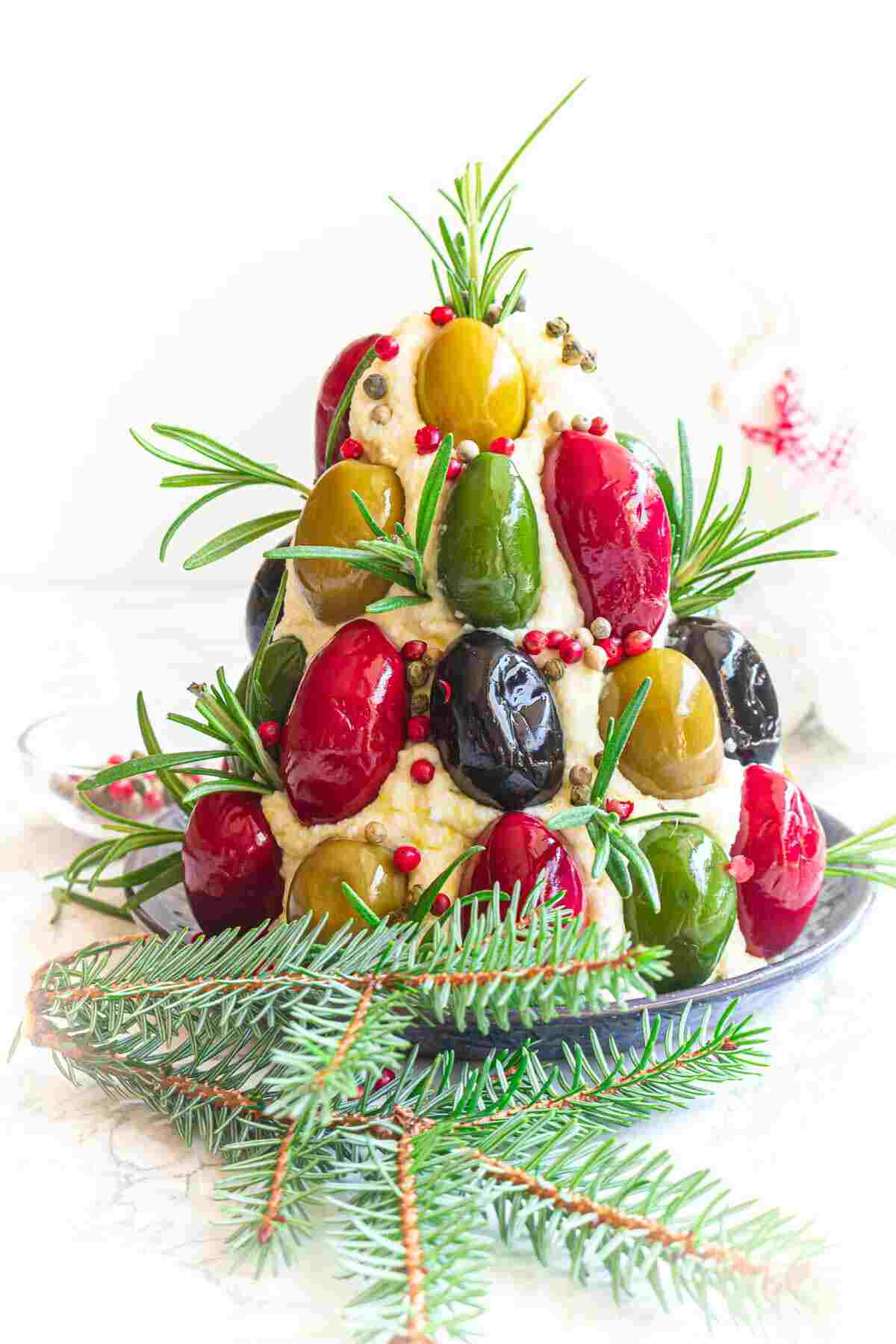 Holiday cheese ball festive recipe with olives.