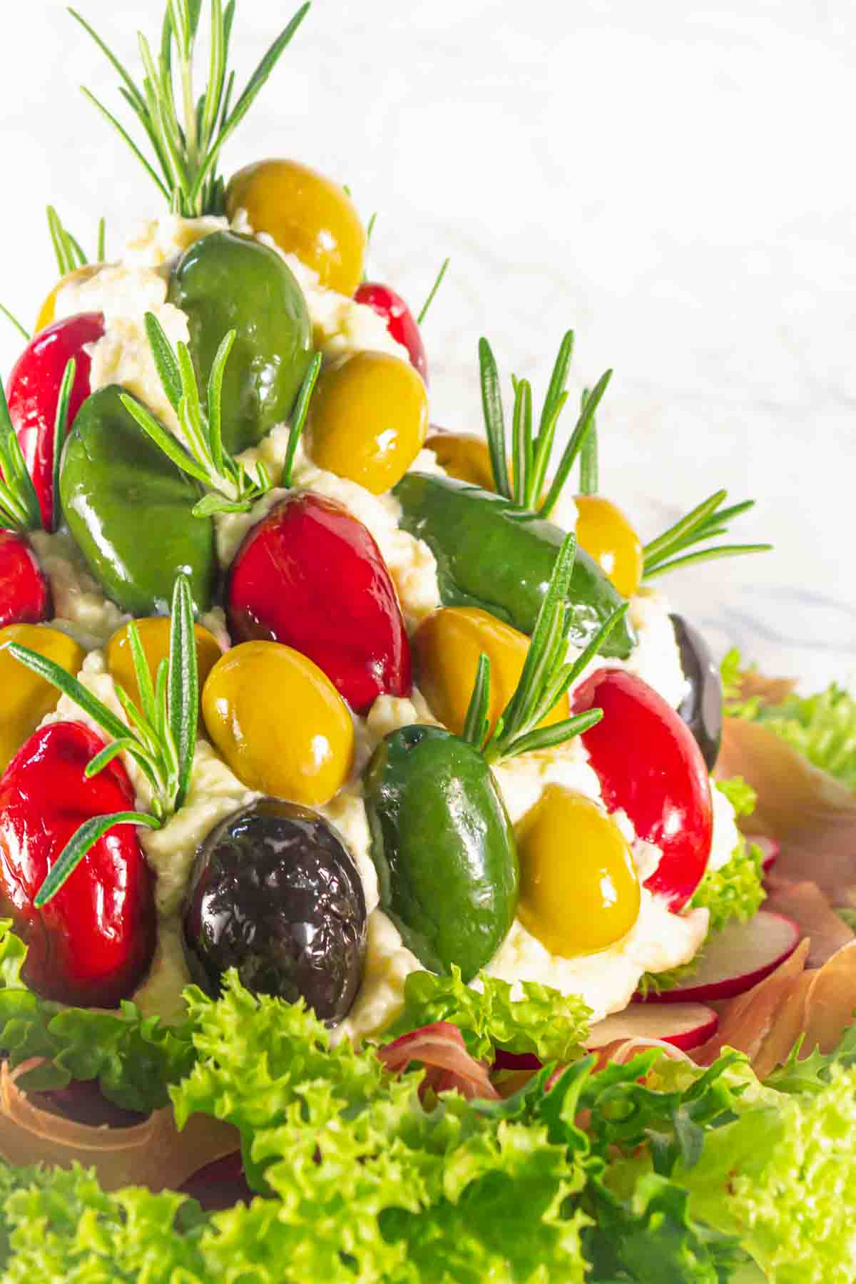 Holiday Cheese Ball Appetizer with olives.
