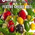 Christmas antipasto cheese tree ball with olives and salad.