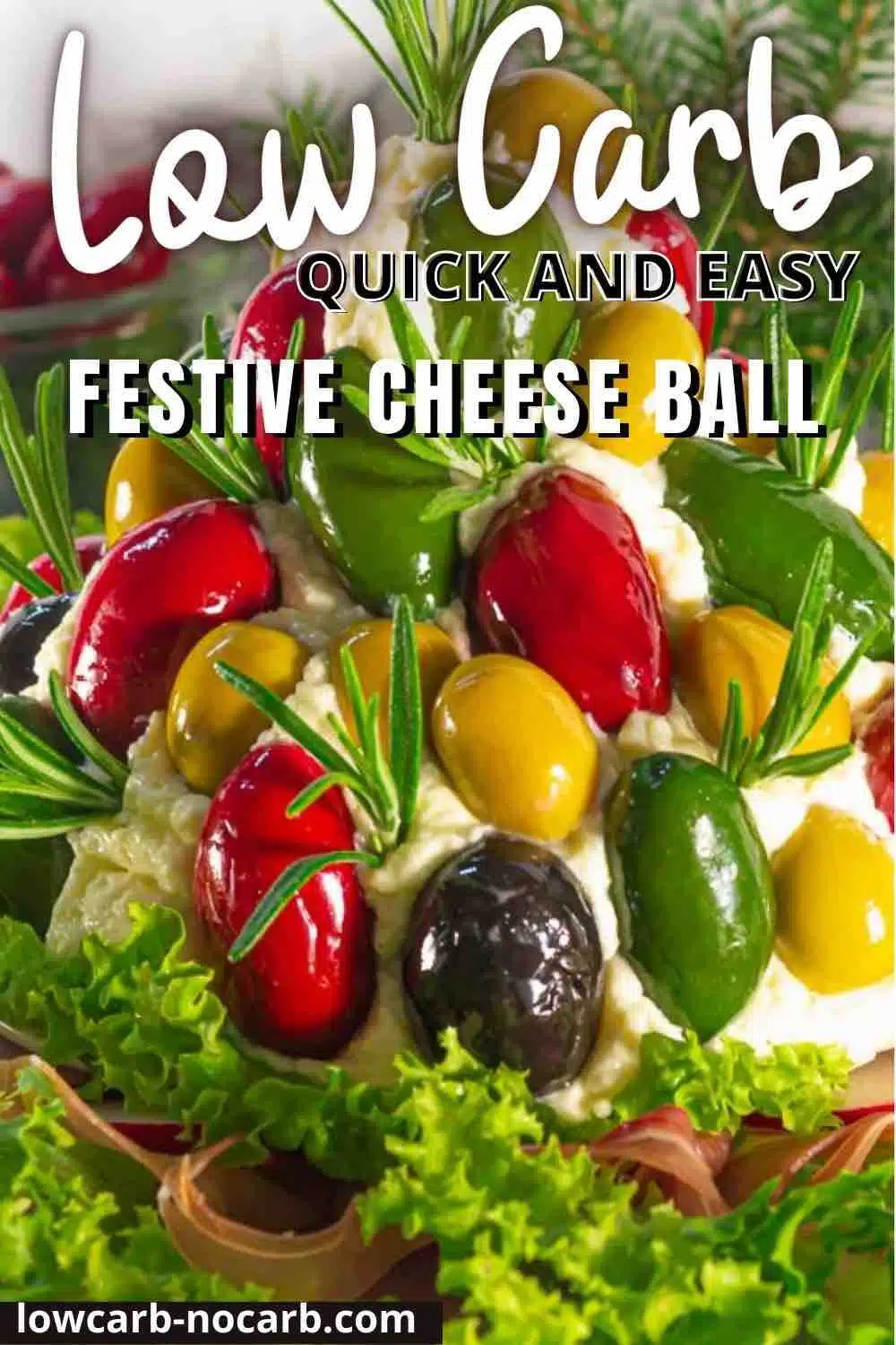 Christmas antipasto cheese tree ball with olives and salad.