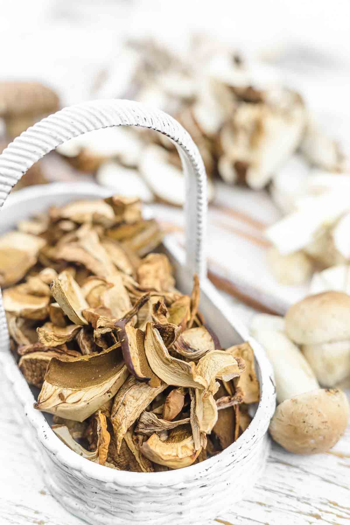 Dry mushrooms in a basket.