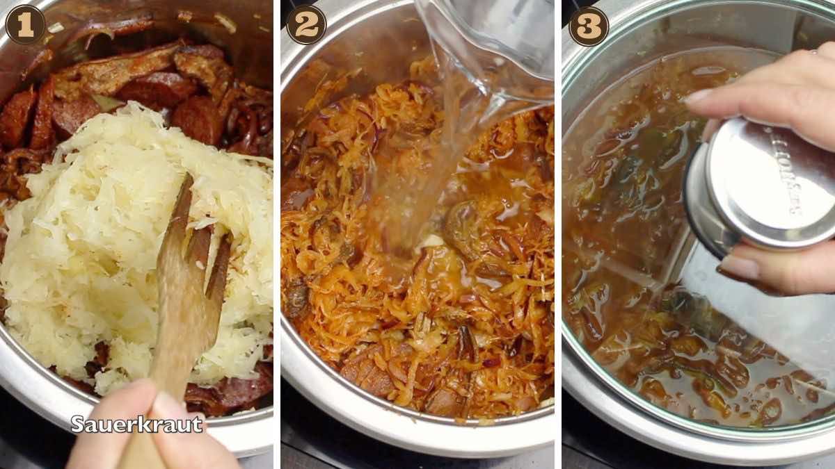 Sauerkraut soup recipe cooking in a pot.