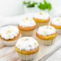 Vanilla cupcake recipe with icing on top.