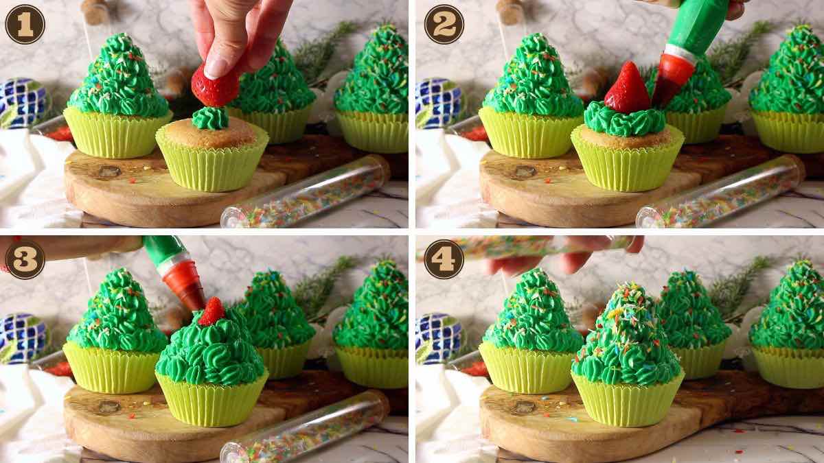 Decorating Christmas tree cupcakes.