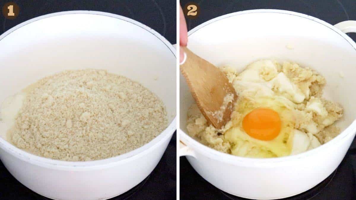 Fathead Dough Recipe mixing flour and an egg.