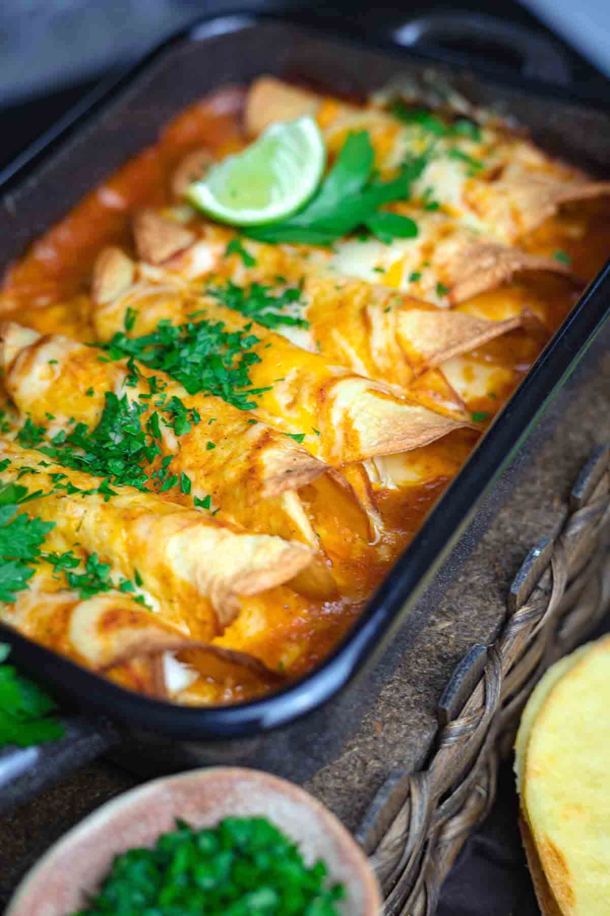 Low Carb Enchiladas baked in a casserole.
