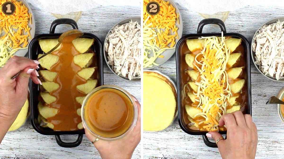 Chicken enchilada casserole topping up with sauce and cheese.