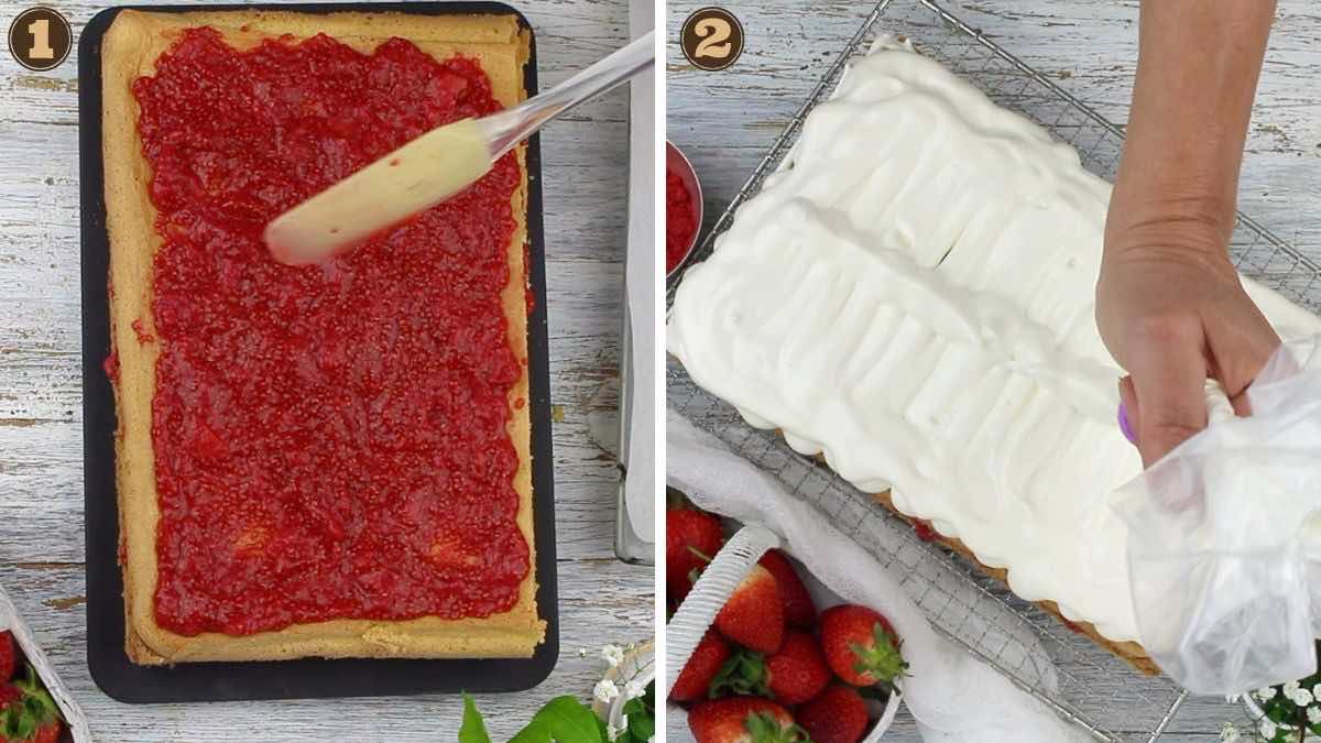 Strawberry Sheet Cake layering toppings.