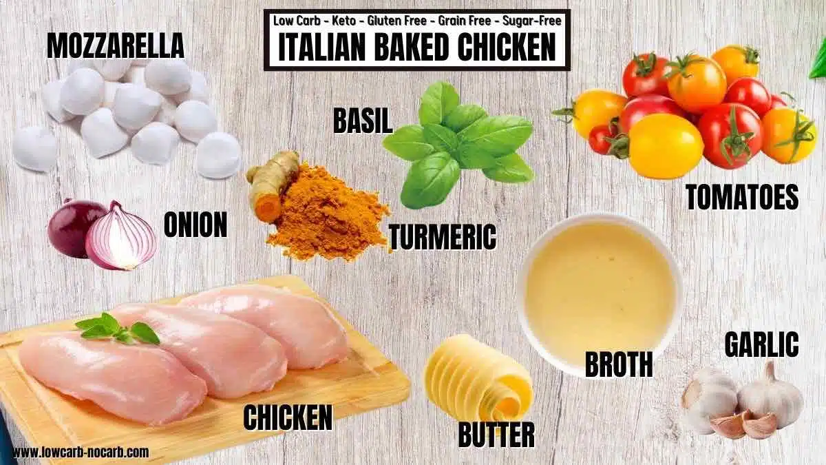 Ingredients needed for baked chicken with tomatoes and cheese.