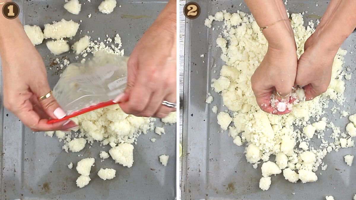 How To Cook Frozen Cauliflower Rice spreading on a tray.